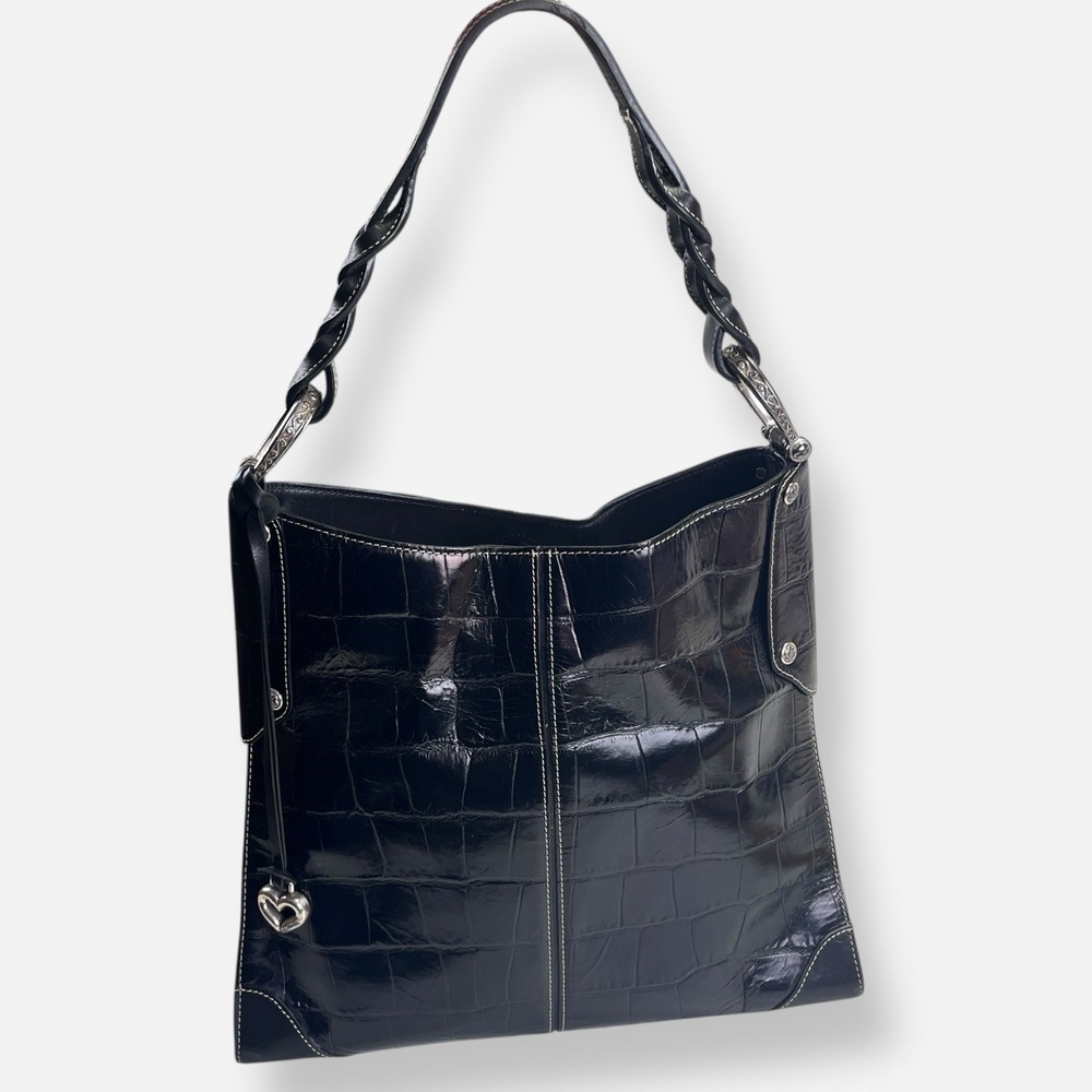 Vintage Brighton Croc‎ Embossed Leather Shoulder Bag Purse Black